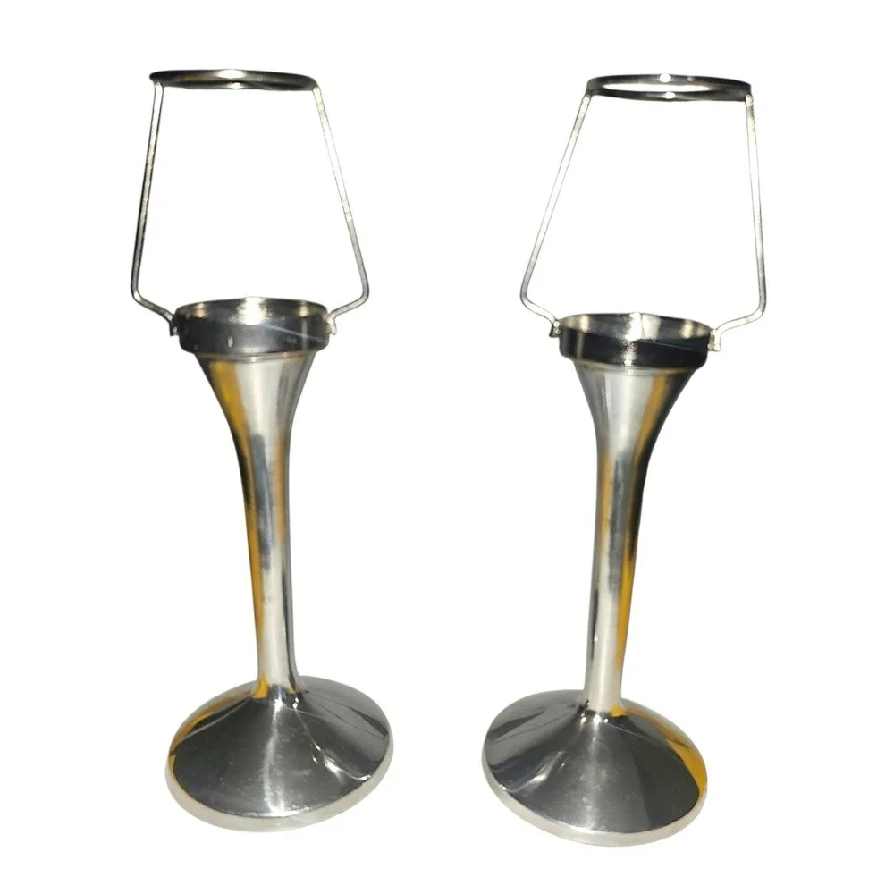 Silver Pedestal Tea Light Candle Holders with Amber Gold Beaded Shades Set of 2